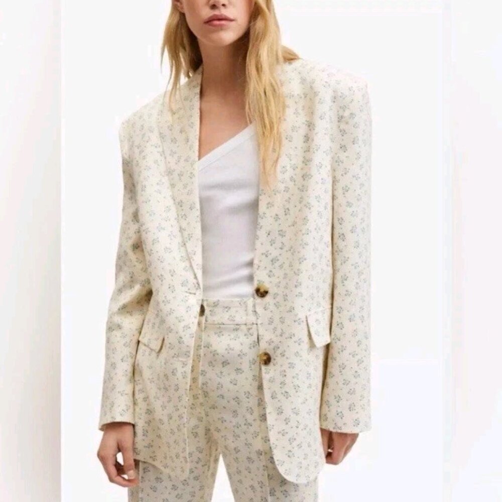 NEW Mango Floral Linen Blazer Sz Small Crisp Office Chic Cottage Praire Dainty
